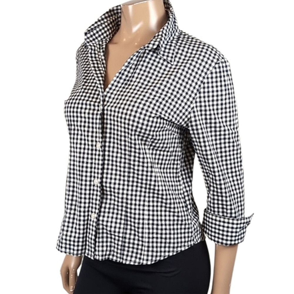 Vintage 90s Weathervane Gingham Plaid Shirt Buttoned Cropped Sleeve Flip Cuff